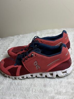 On Running Coral Red and Navy Women's Running Shoes